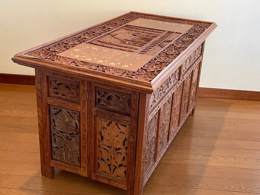 アジアン家具 インド製 サイドテーブル 木彫り 折り畳み式 アンティーク