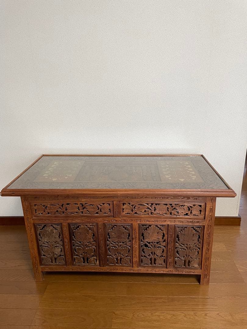 アジアン家具 インド製 サイドテーブル 木彫り 折り畳み式 アンティーク