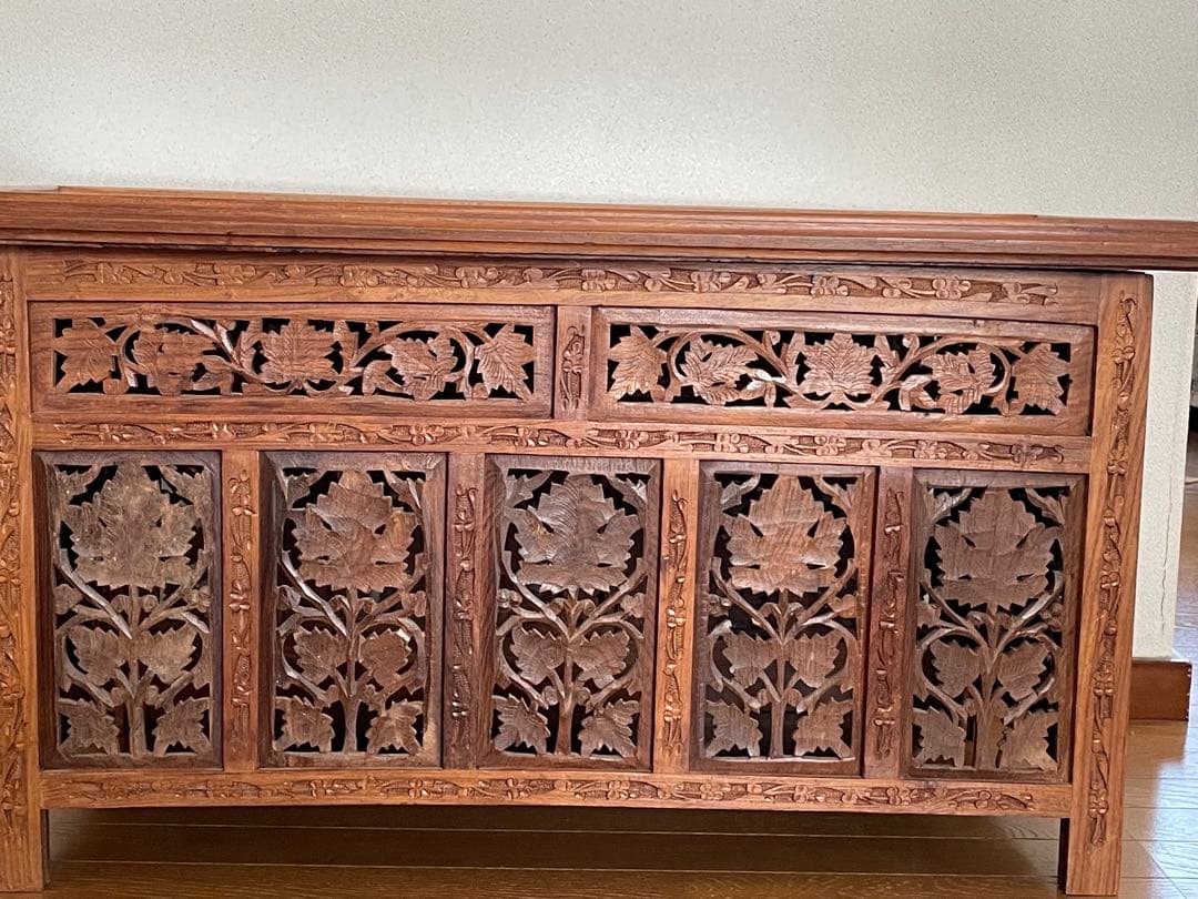 アジアン家具 インド製 サイドテーブル 木彫り 折り畳み式 アンティーク