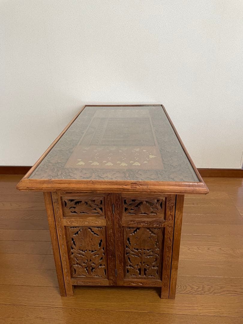 アジアン家具 インド製 サイドテーブル 木彫り 折り畳み式 アンティーク