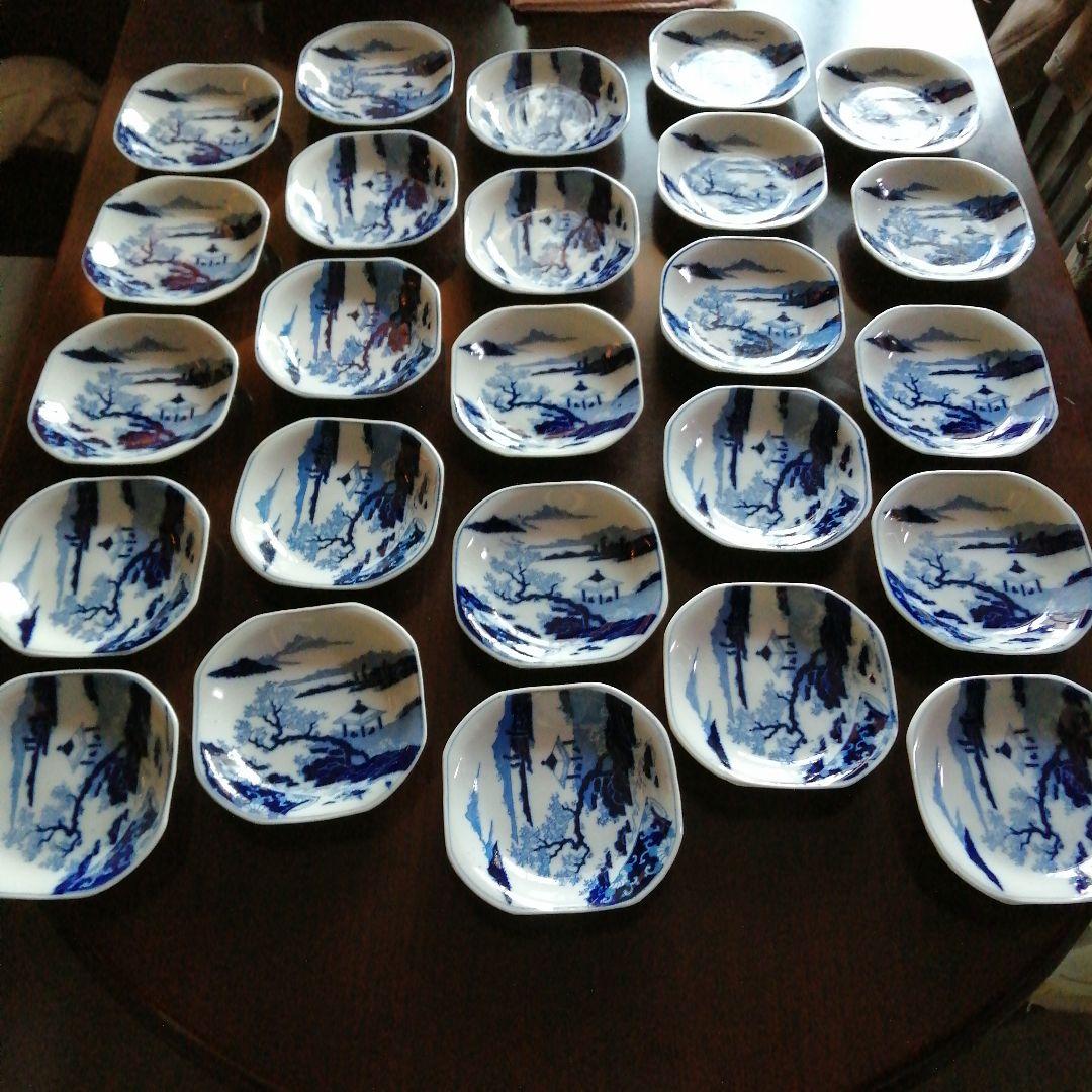 古伊万里　染付隅切四方皿　25枚　14.8cm　幕末〜明治初期