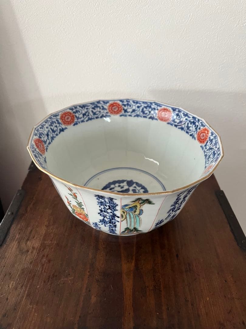 江戸中期後期　珍品　希少　上手古伊万里　猿　漢詩　桃　梅　葵　竹　16角　菓子鉢