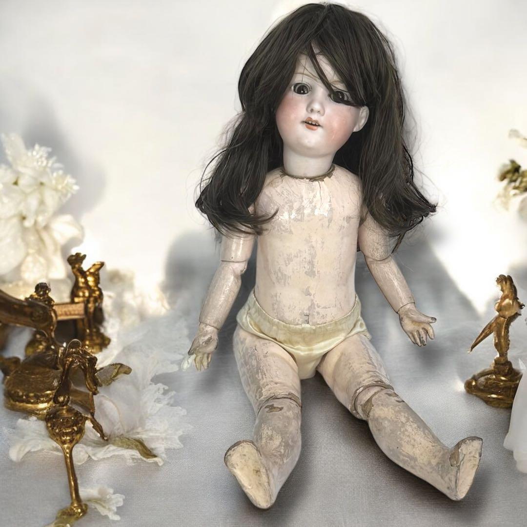 アンティーク ビスクドールアーモンド マルセル ホワイトドレス ボネ