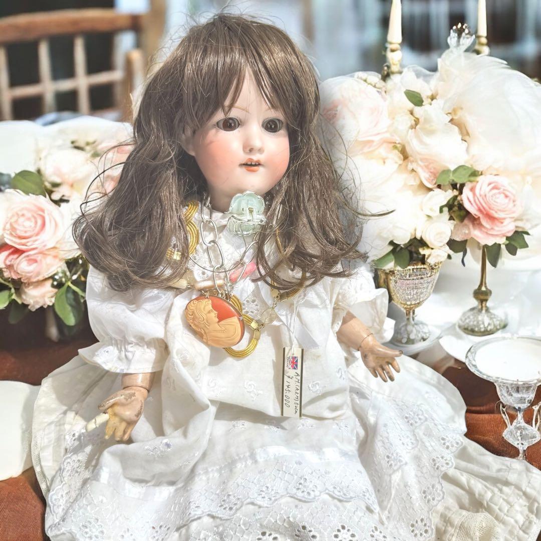 アンティーク ビスクドールアーモンド マルセル ホワイトドレス ボネ