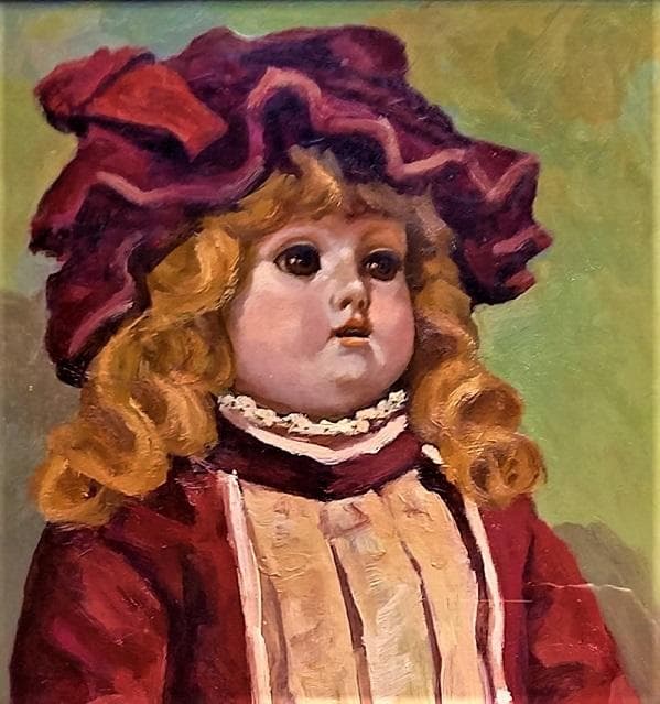 谷上信博 帽子の人形 西洋人形（ビスクドール）F４号 油絵 直筆サイン