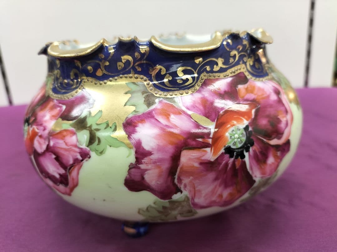 オールドニッポン　アールヌーボ様式金盛り上　三足付飾鉢1900年頃輸出　里帰り品