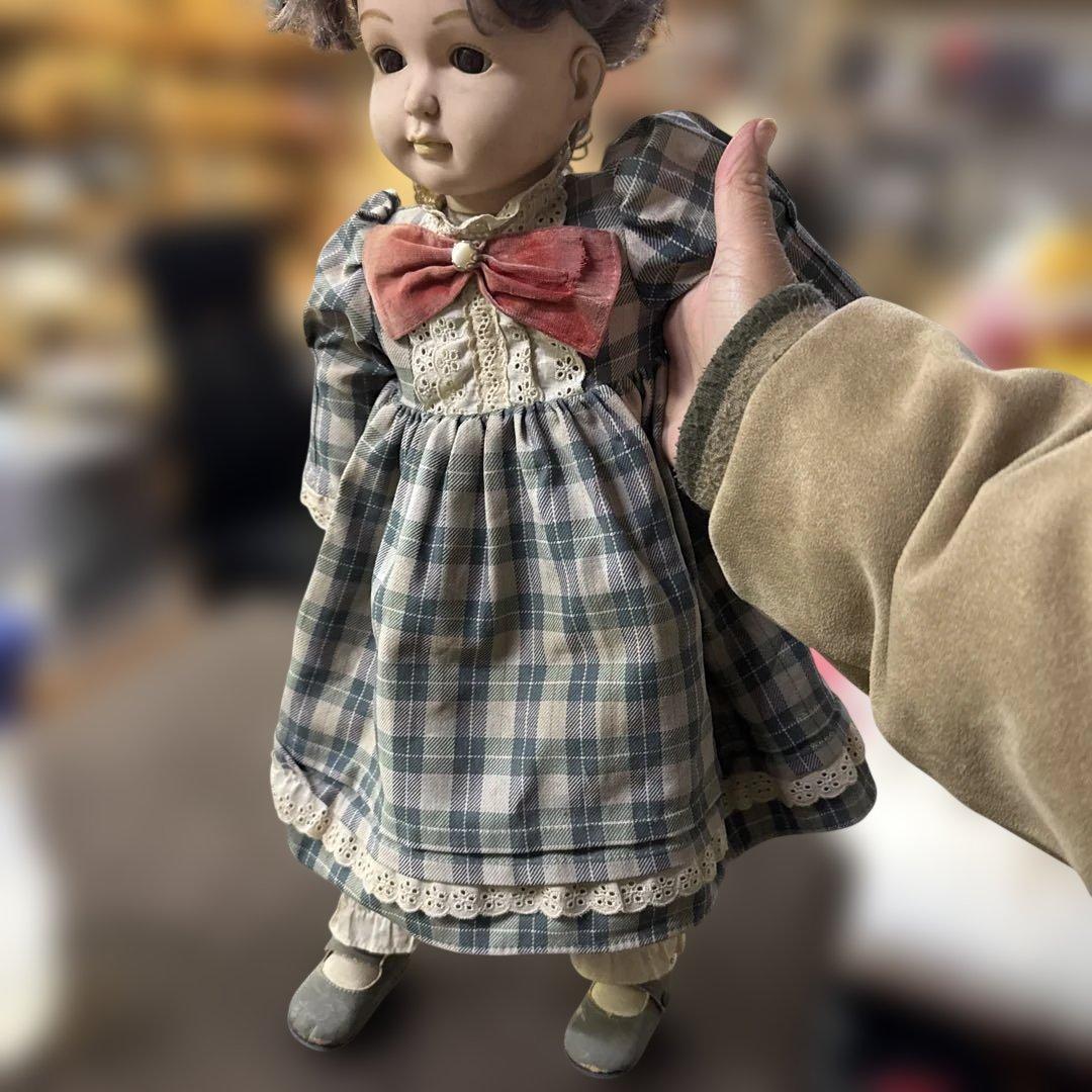 チェック柄ドレスの人形　50c vintage