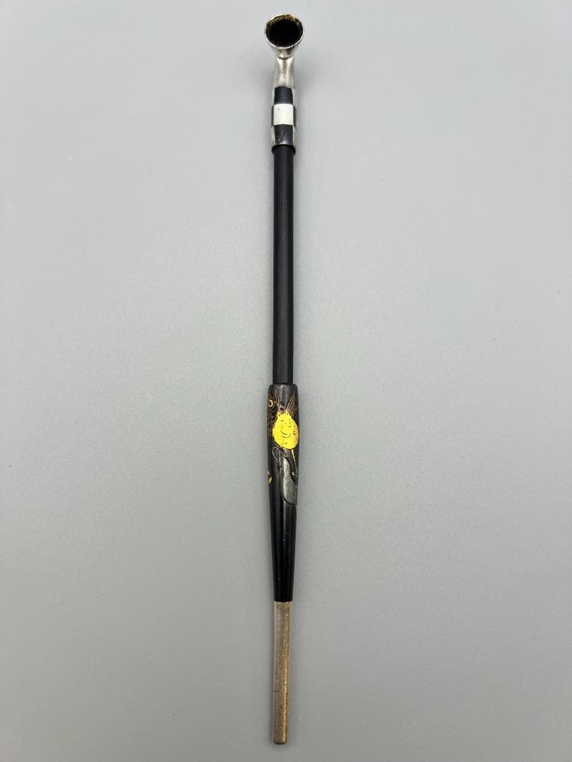 レア 銀製 煙管 キセル 在銘 狐と鯛図 赤銅金象嵌 銀細工 レディース用