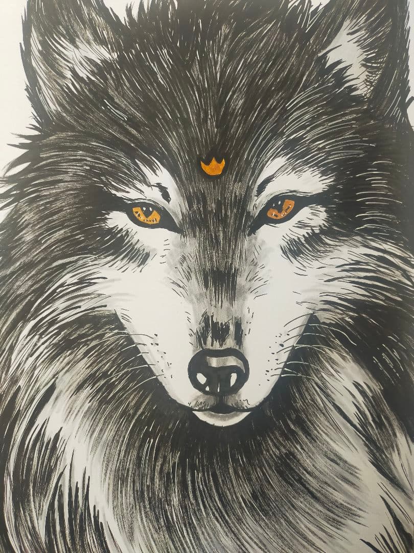 【一点物】狼 原画｜筆ペン×墨｜金の眼と印｜守護狼｜A4 コピック用紙