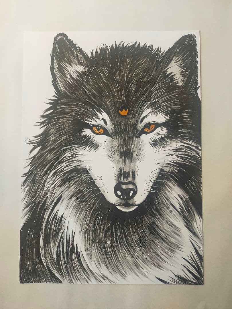 【一点物】狼 原画｜筆ペン×墨｜金の眼と印｜守護狼｜A4 コピック用紙