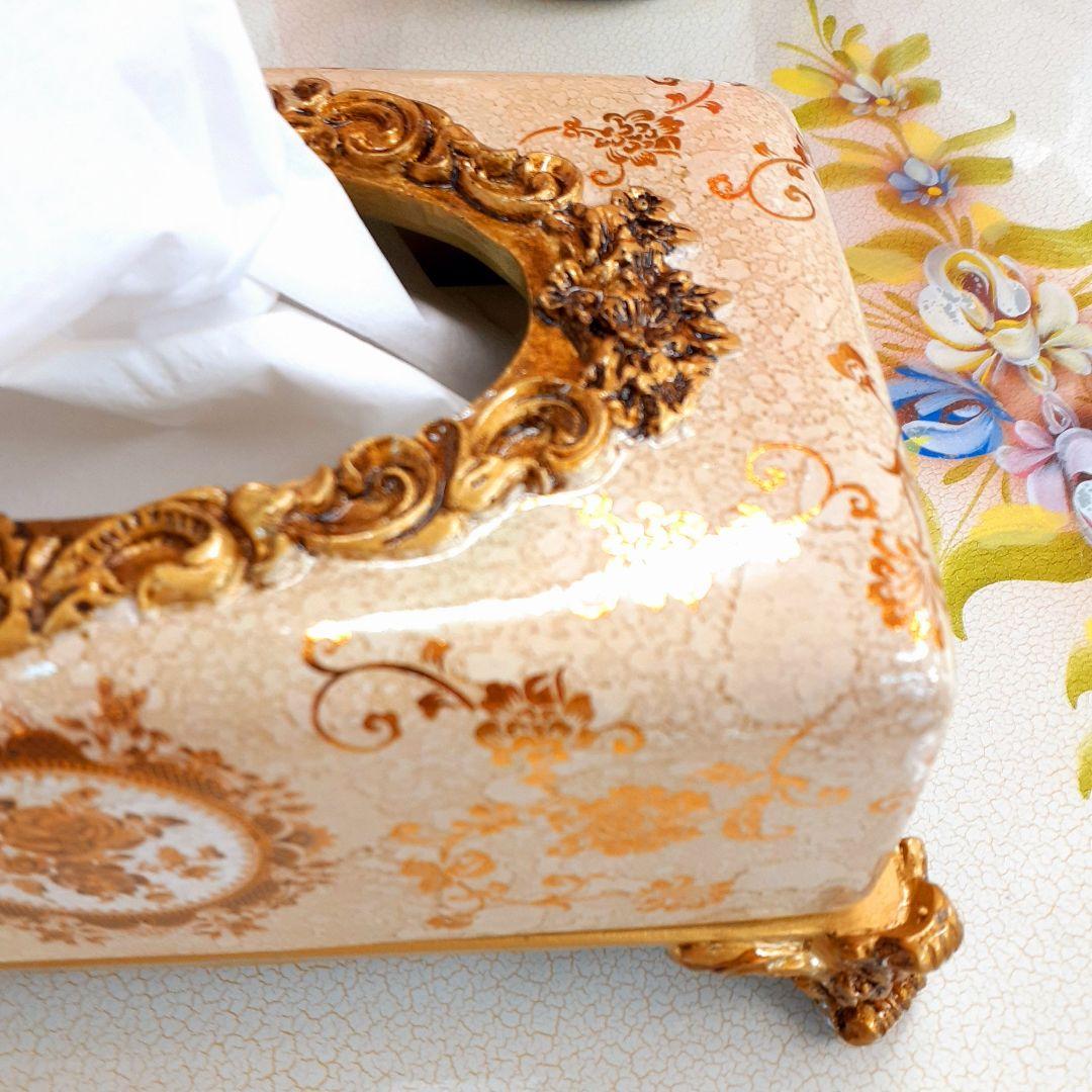 輸入雑貨　シノワズリ　『薔薇のティッシュBOX』　ゴールド　薔薇柄　リビング