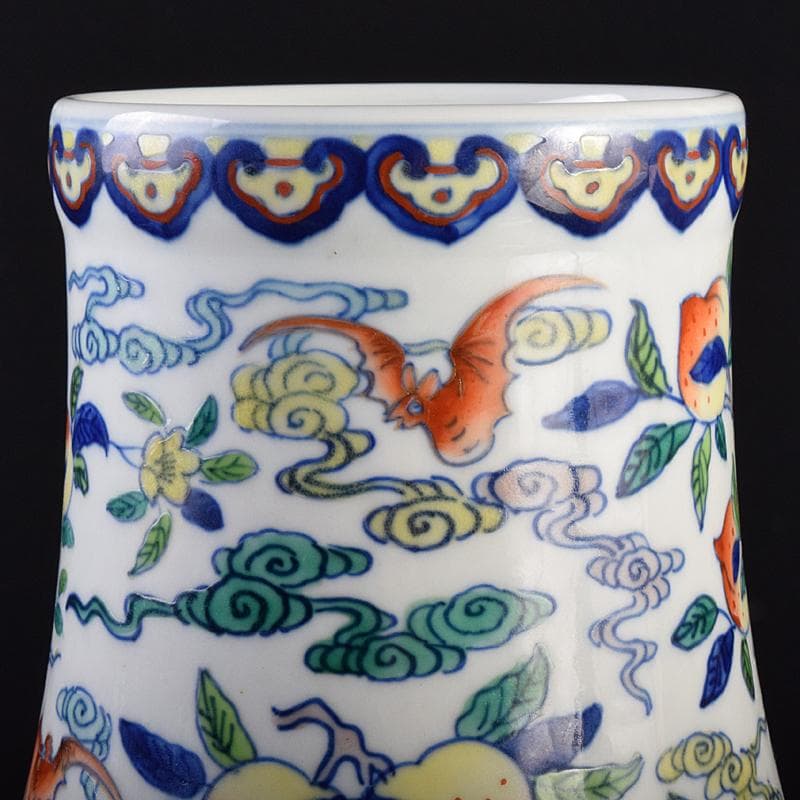 中国 大清雍正年製款 色絵 桃蝙蝠図 花生 時代箱付 M