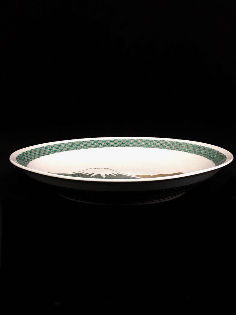 S334九谷焼 極彩色富士小紋様 飾皿 大皿 四代 上出喜山作 共箱