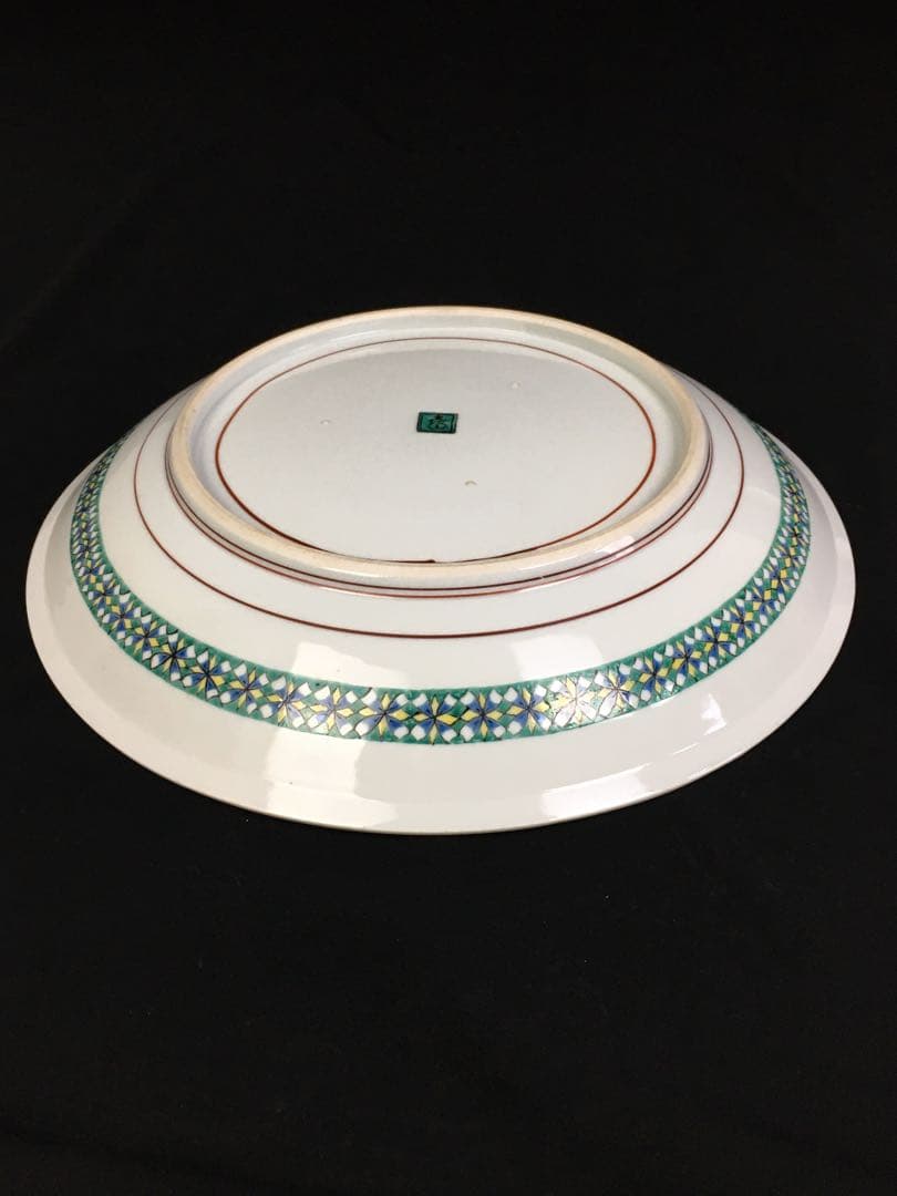 S334九谷焼 極彩色富士小紋様 飾皿 大皿 四代 上出喜山作 共箱