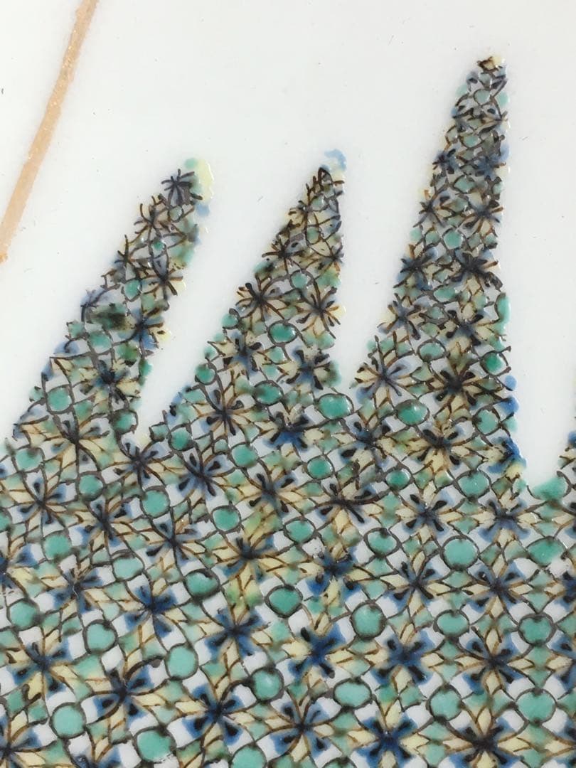 S334九谷焼 極彩色富士小紋様 飾皿 大皿 四代 上出喜山作 共箱