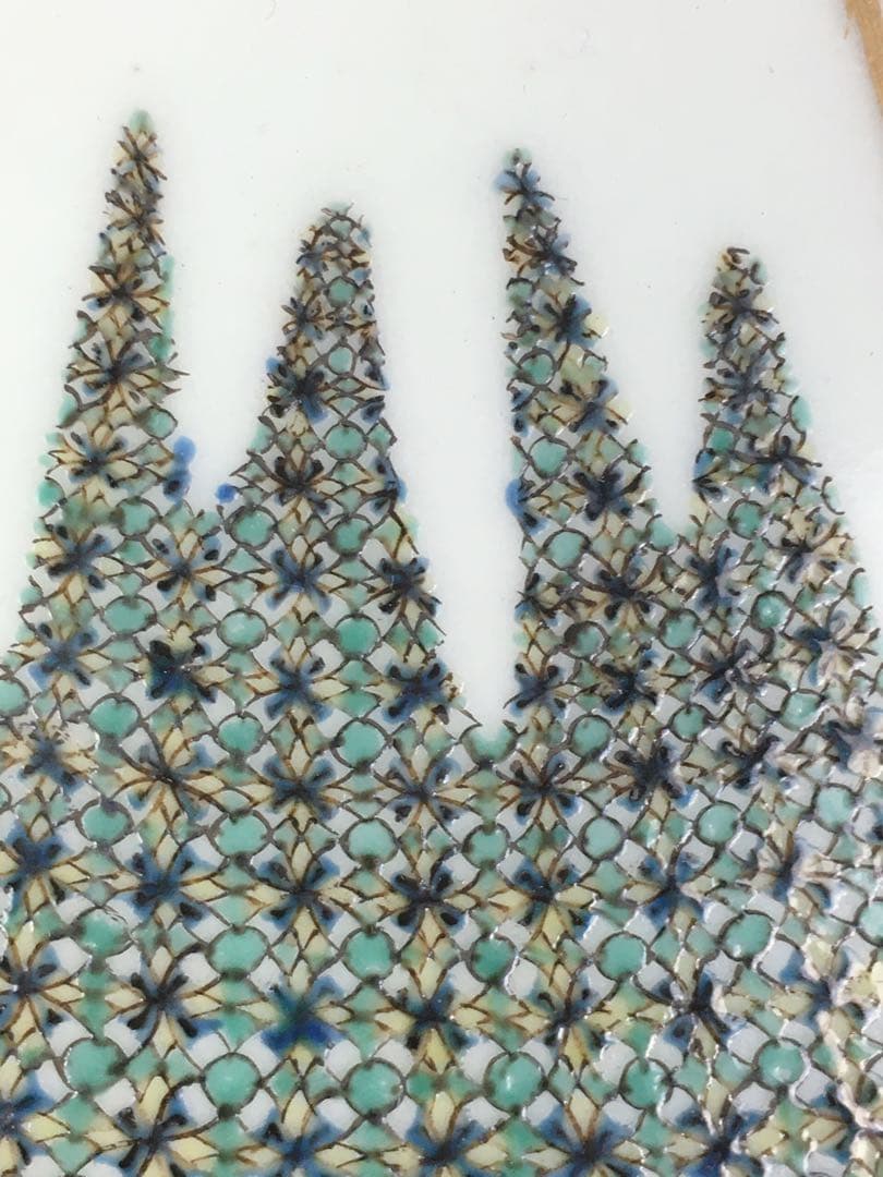 S334九谷焼 極彩色富士小紋様 飾皿 大皿 四代 上出喜山作 共箱