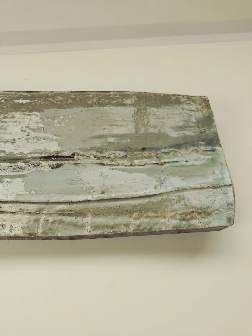 灰釉のグリーンが美しい長方形陶器皿　丹波焼