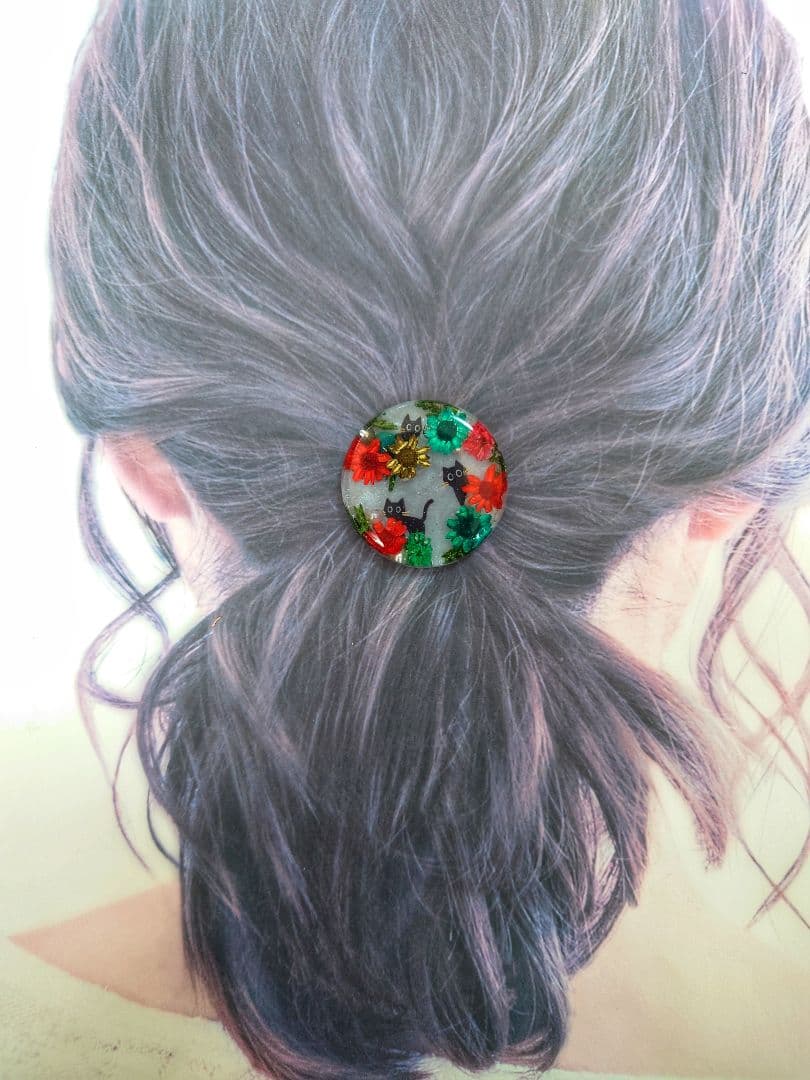 レジン　猫　ドライフラワーヘアゴム　ブローチ　ポニーフック　No.337