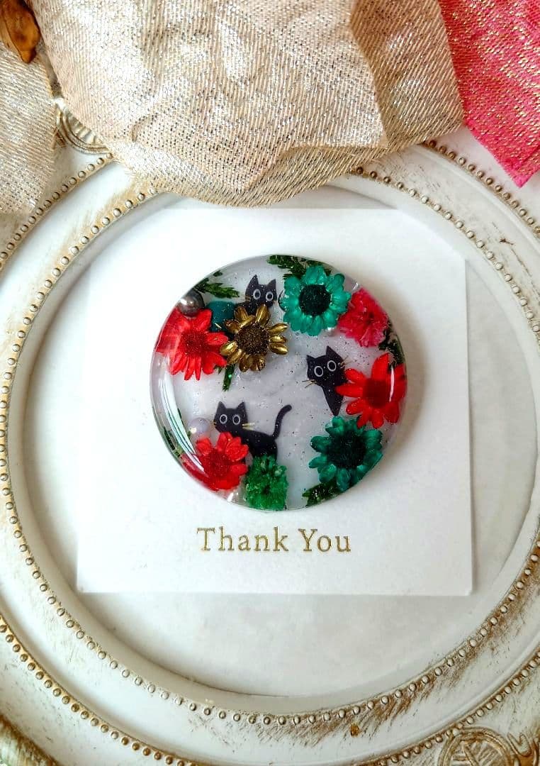 レジン　猫　ドライフラワーヘアゴム　ブローチ　ポニーフック　No.337