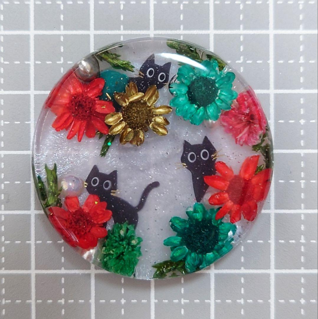 レジン　猫　ドライフラワーヘアゴム　ブローチ　ポニーフック　No.337