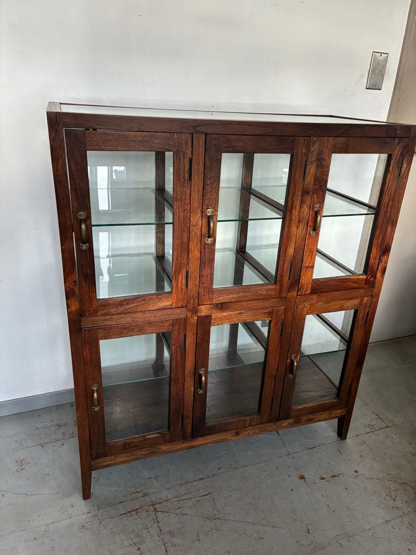 チーク総無垢 ガラスパンケース6枚扉　ショーケース 店舗什器 ガラスケース