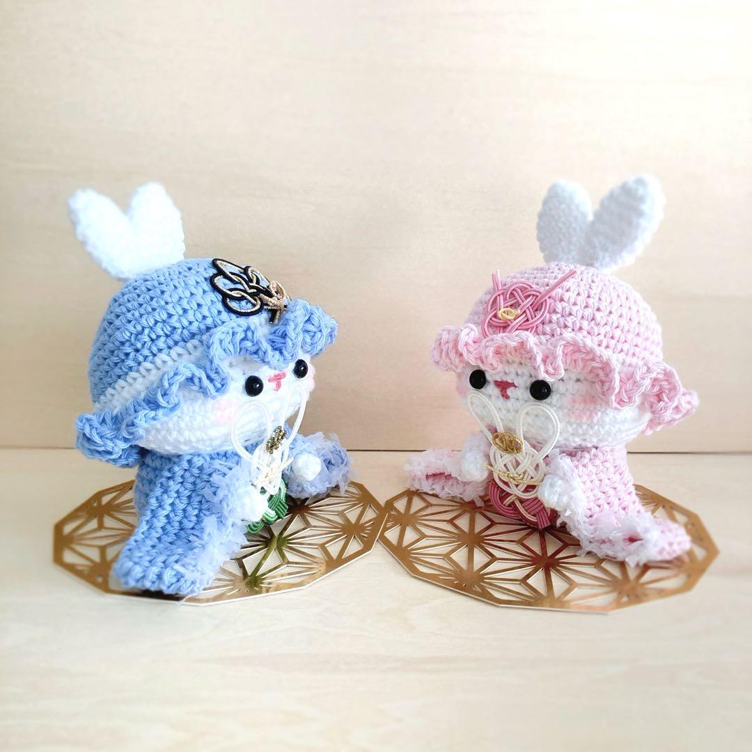 【D】ひな祭り お雛様 うさぎ あみぐるみ ボンネット ベビーキャップ