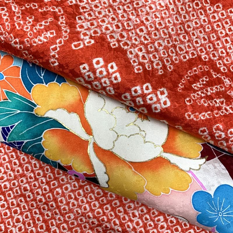 508ag74□七五三 七歳 女児 着物&六通袋帯 絞染め 花丸文□状態良好