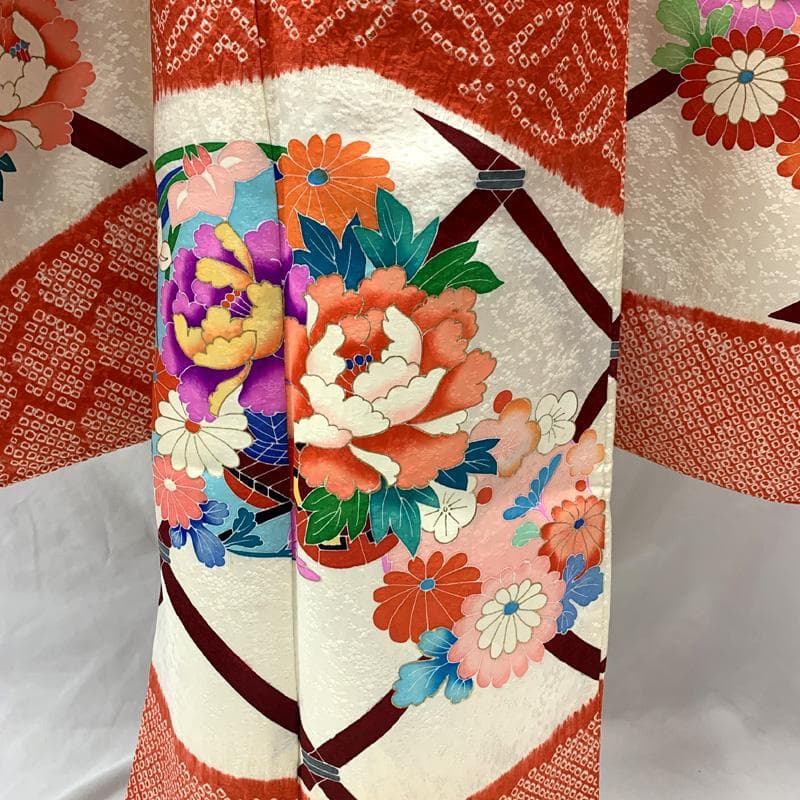 508ag74□七五三 七歳 女児 着物&六通袋帯 絞染め 花丸文□状態良好