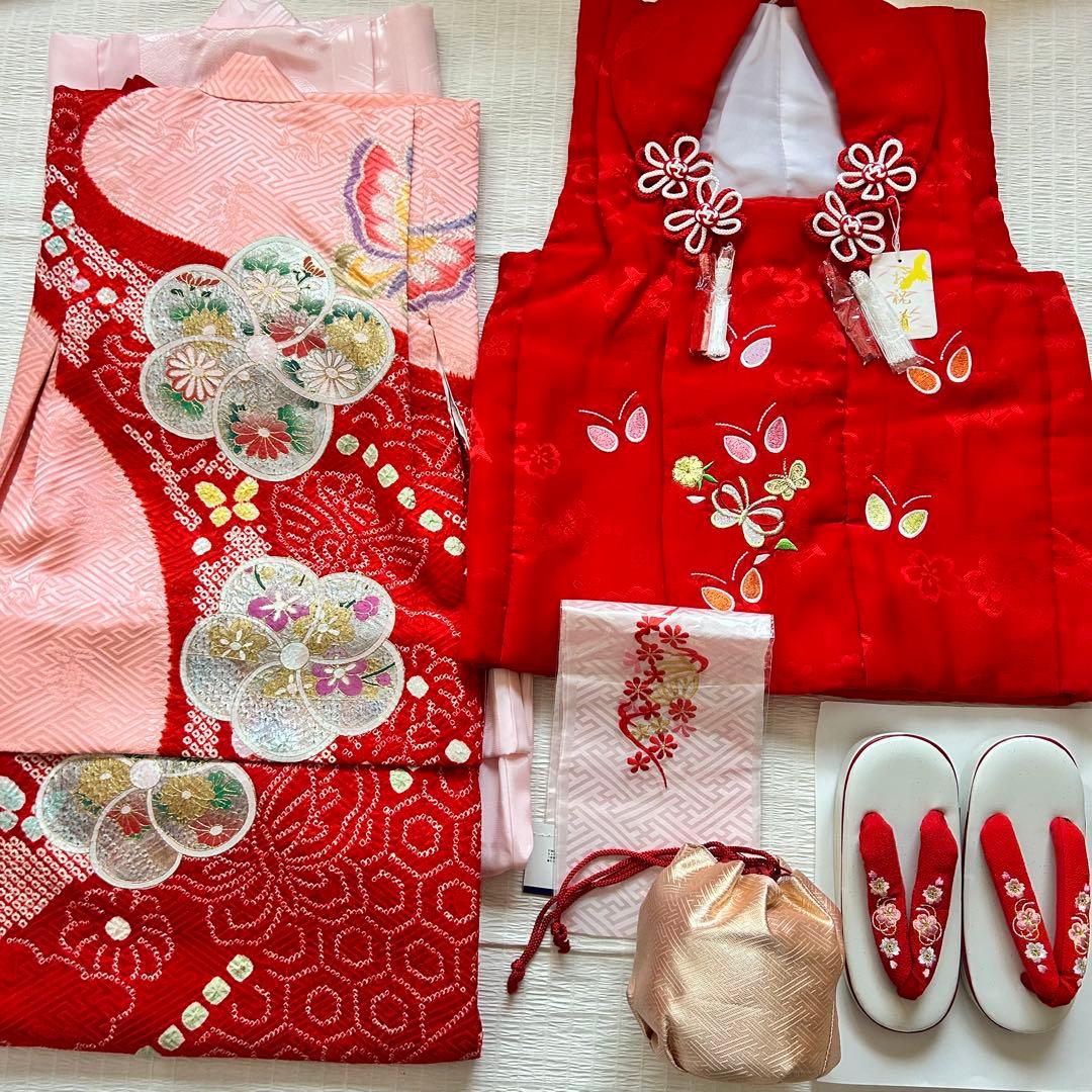 七五三 3歳 フルセット 絞り 着物 正絹 被布 刺繍 三歳 草履 753 刺繍