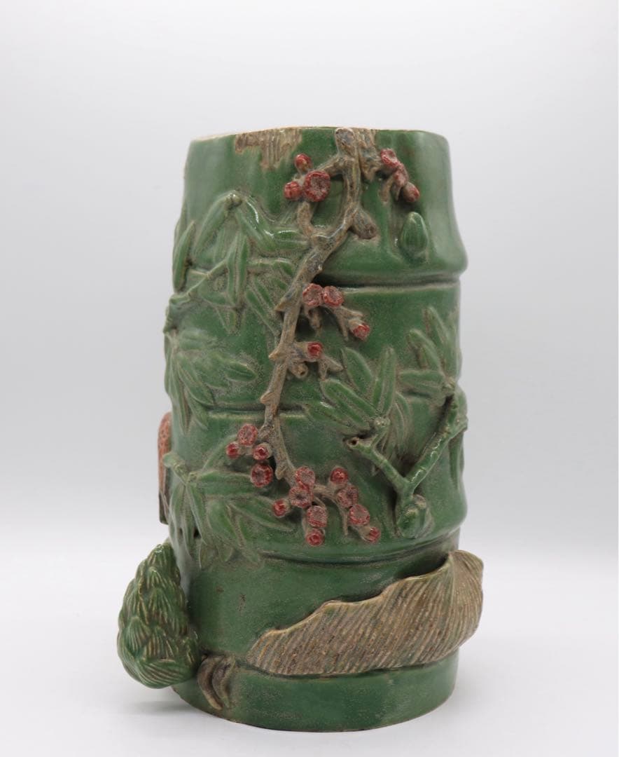 中国 緑釉竹雀 筆入 易叟居 送料込み0225