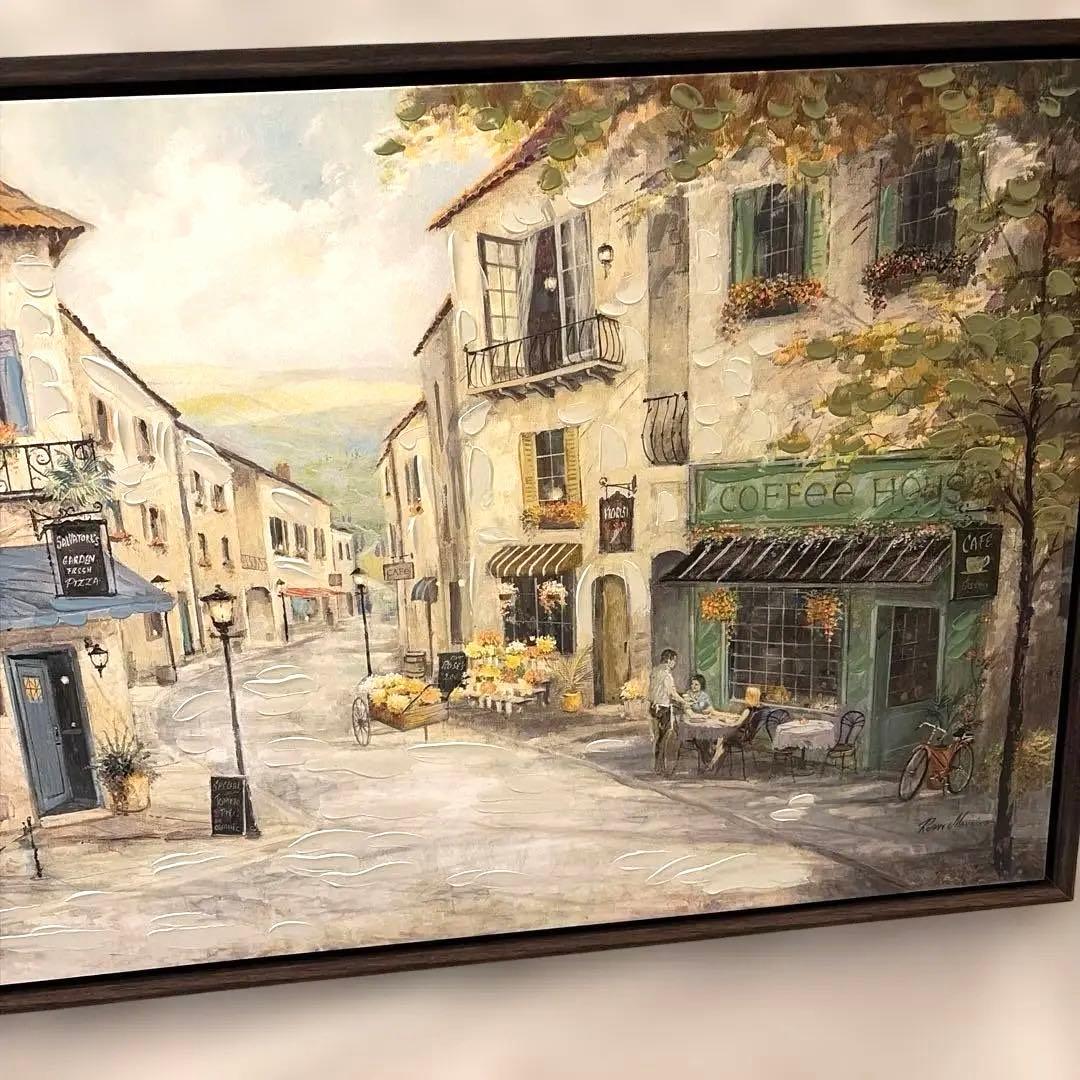 【アメリカで購入】風景画 カフェと街並み 横長95.25cm×49.53cm