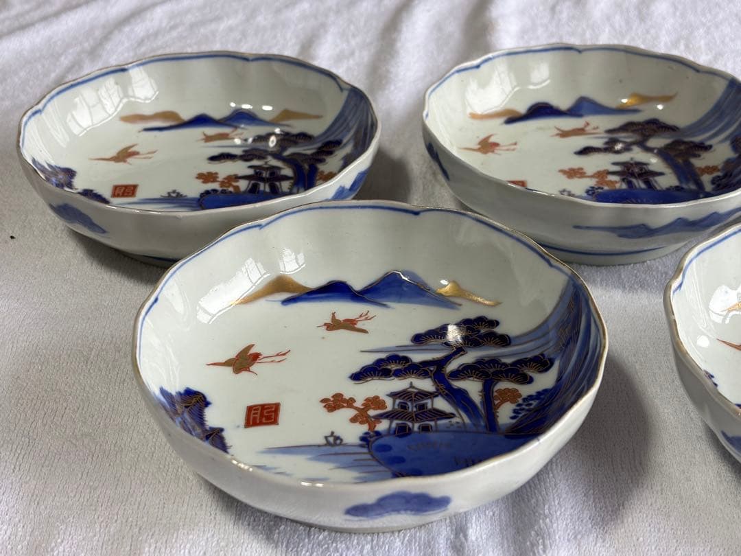 古伊万里 染錦風景画五寸皿5枚セット なます皿 アンティーク骨董品