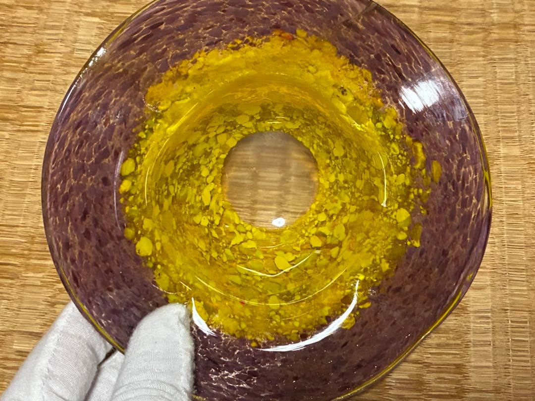 岩田ガラス 硝子 紫と黄色 ガラス皿 灰皿 【岩田藤七】共箱