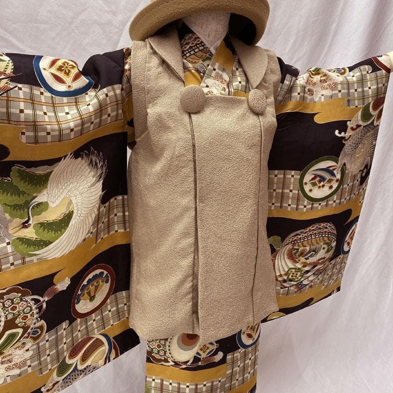 506ab84◎七五三 三歳 男の子 アンティーク着物&被布 鶴鯉宝船 黒◎