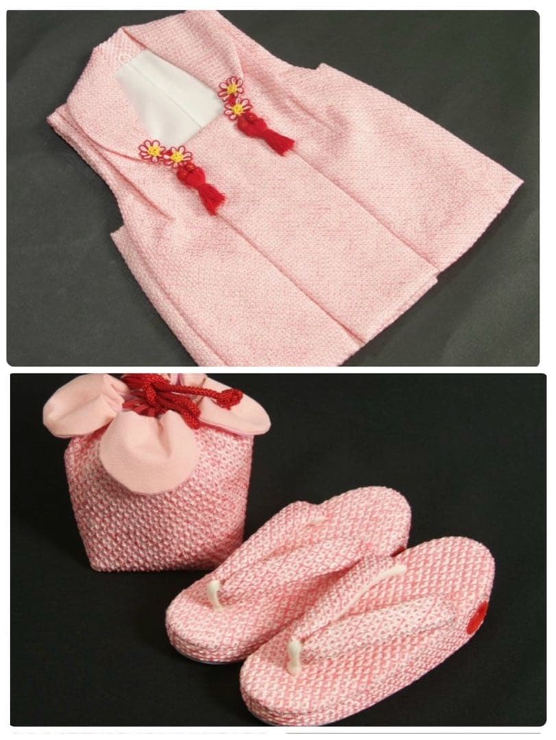 三歳 正絹鹿の子絞り 被布 草履 巾着 3点セット