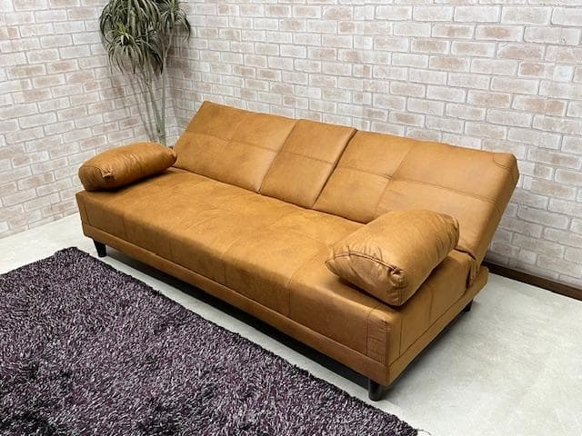 ソファーベッド　キャメル　小テーブル付き　レザーファブリック　ソファ　新品