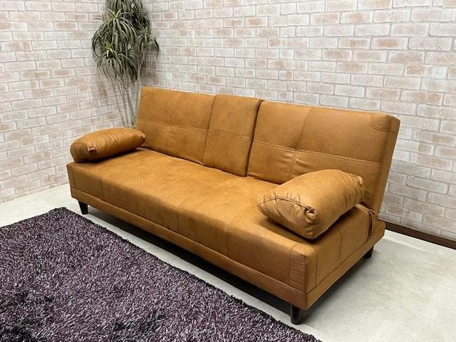 ソファーベッド　キャメル　小テーブル付き　レザーファブリック　ソファ　新品
