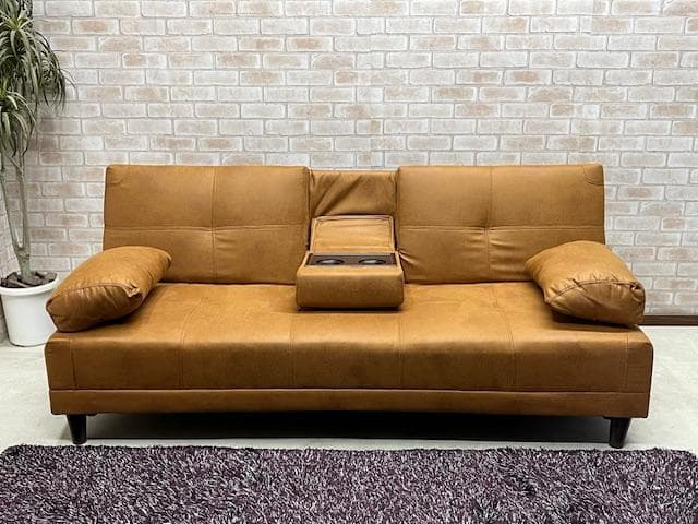 ソファーベッド　キャメル　小テーブル付き　レザーファブリック　ソファ　新品