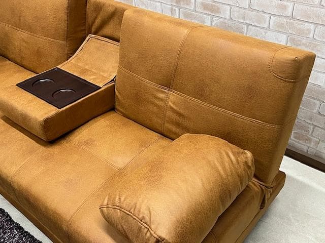 ソファーベッド　キャメル　小テーブル付き　レザーファブリック　ソファ　新品