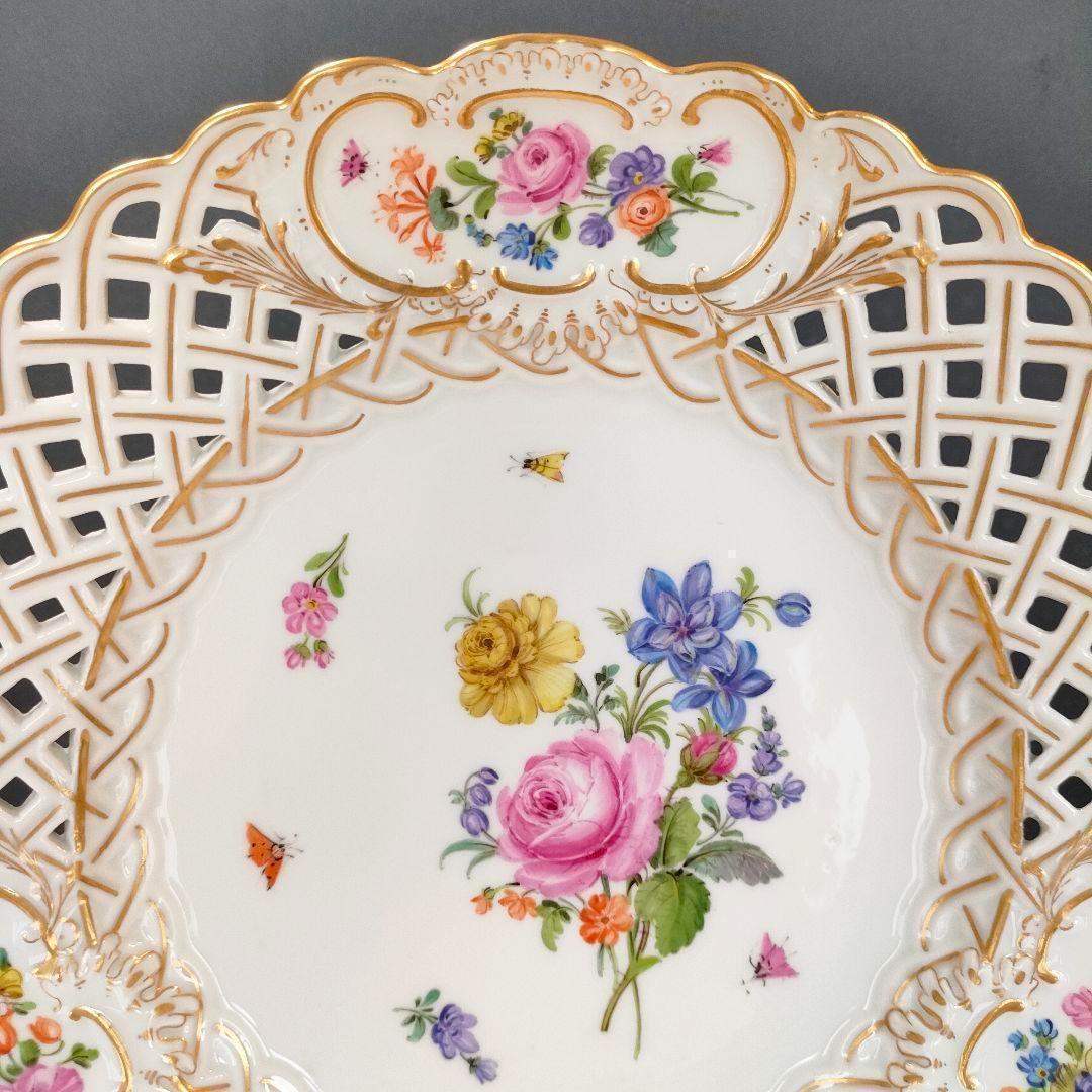24㎝★マイセン ピアスエッジ ピンクローズ 昆虫 金彩 透かしプレート希少品
