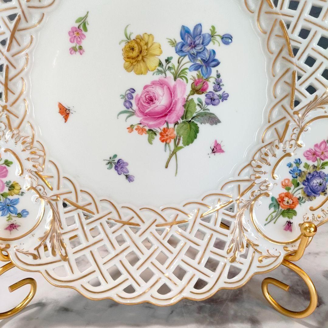 24㎝★マイセン ピアスエッジ ピンクローズ 昆虫 金彩 透かしプレート希少品