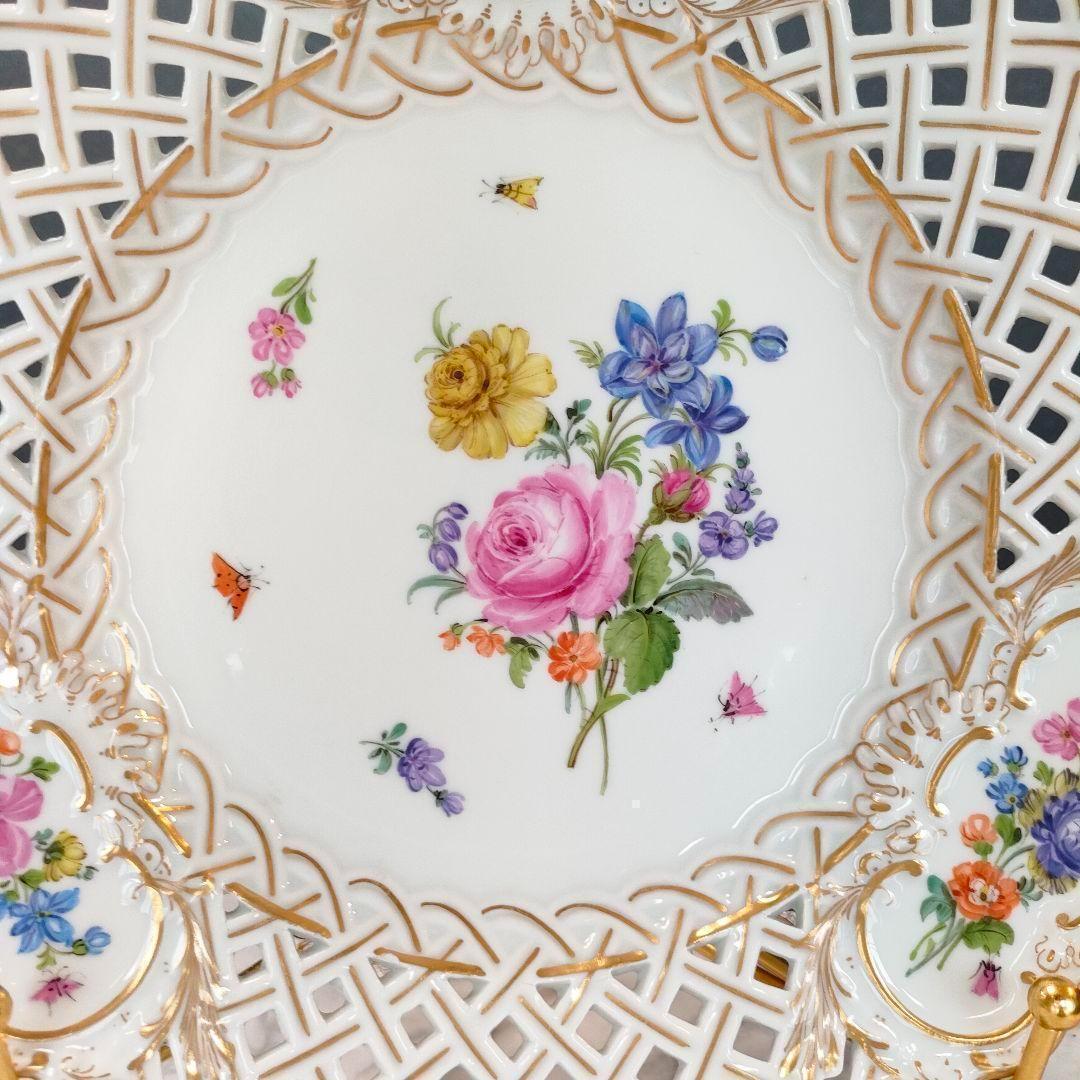 24㎝★マイセン ピアスエッジ ピンクローズ 昆虫 金彩 透かしプレート希少品
