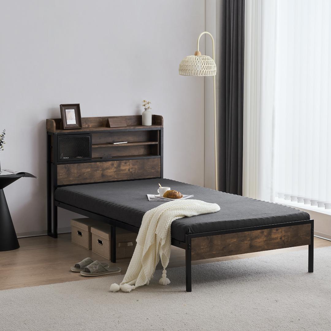 【新品】コンセント付き木製ベッド Sシングル 下収納 北欧風