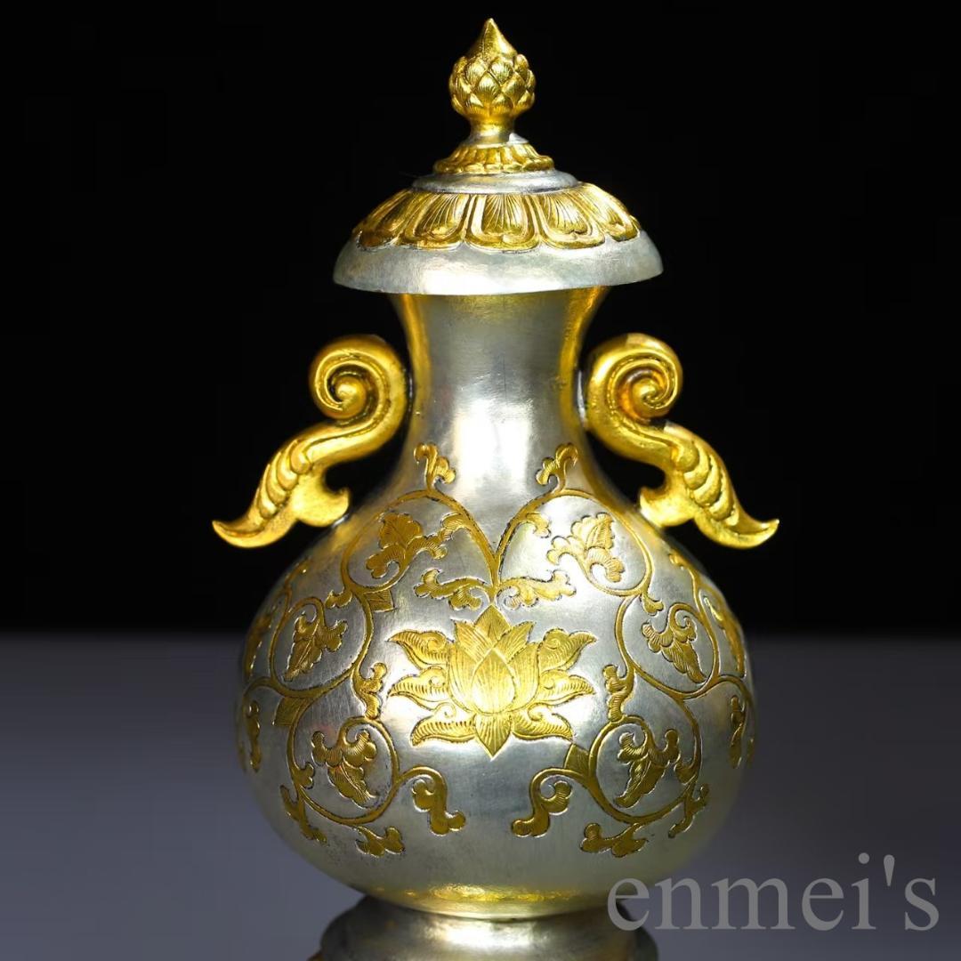 中国古美術 鍍金銅瓶 手彫り 鏨刻 描金 純銅製 花器 床の間飾り古賞物