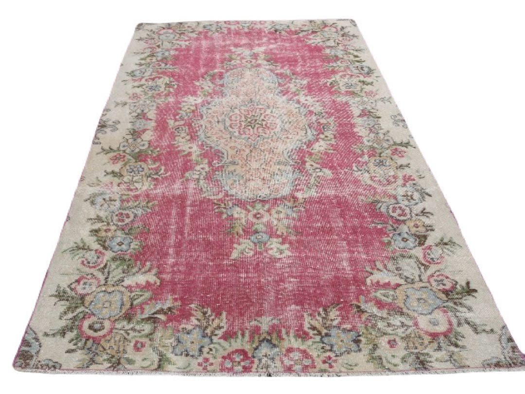 超大判 ローズピンク 259×150 トルコヴィンテージラグ ボタニカル
