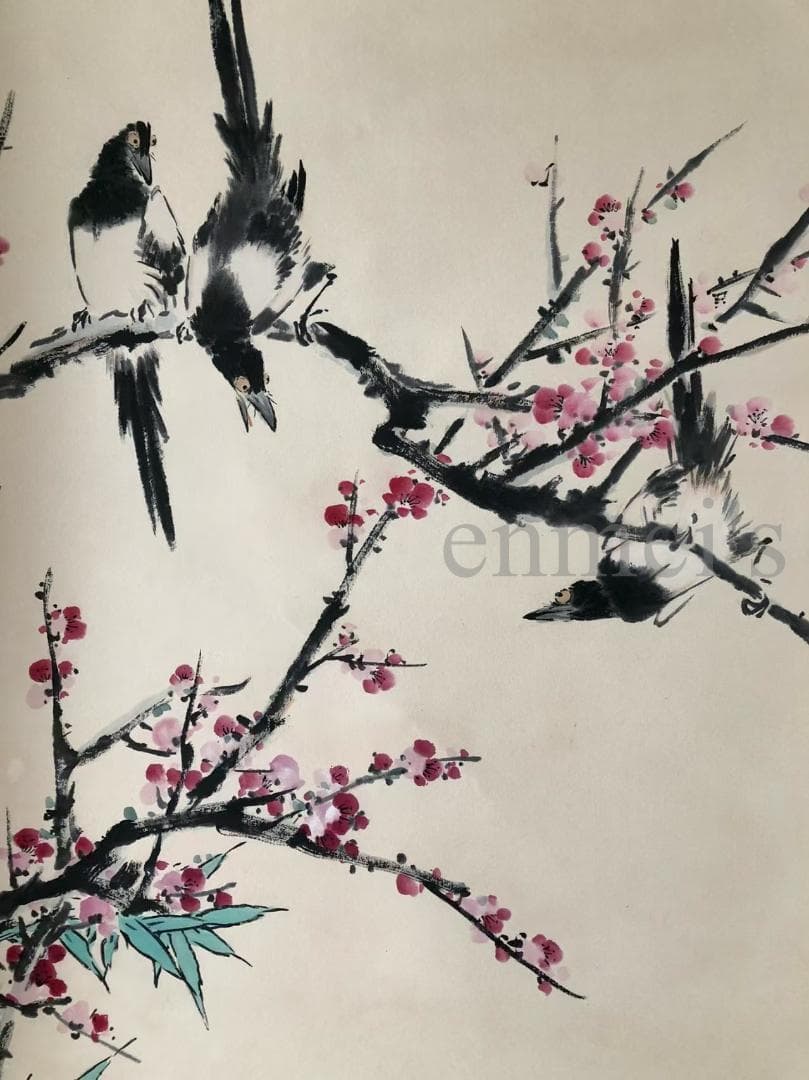 中国古美術・純手描き鳥と花掛軸・水墨画・王雪涛印款・茶道・賞物