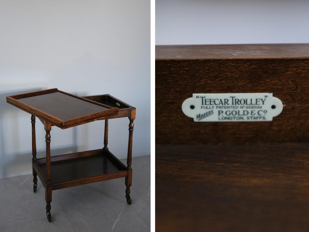 英国アンティーク木製キッチンワゴン兼ゲームテーブル/折畳式机トロリー92-117