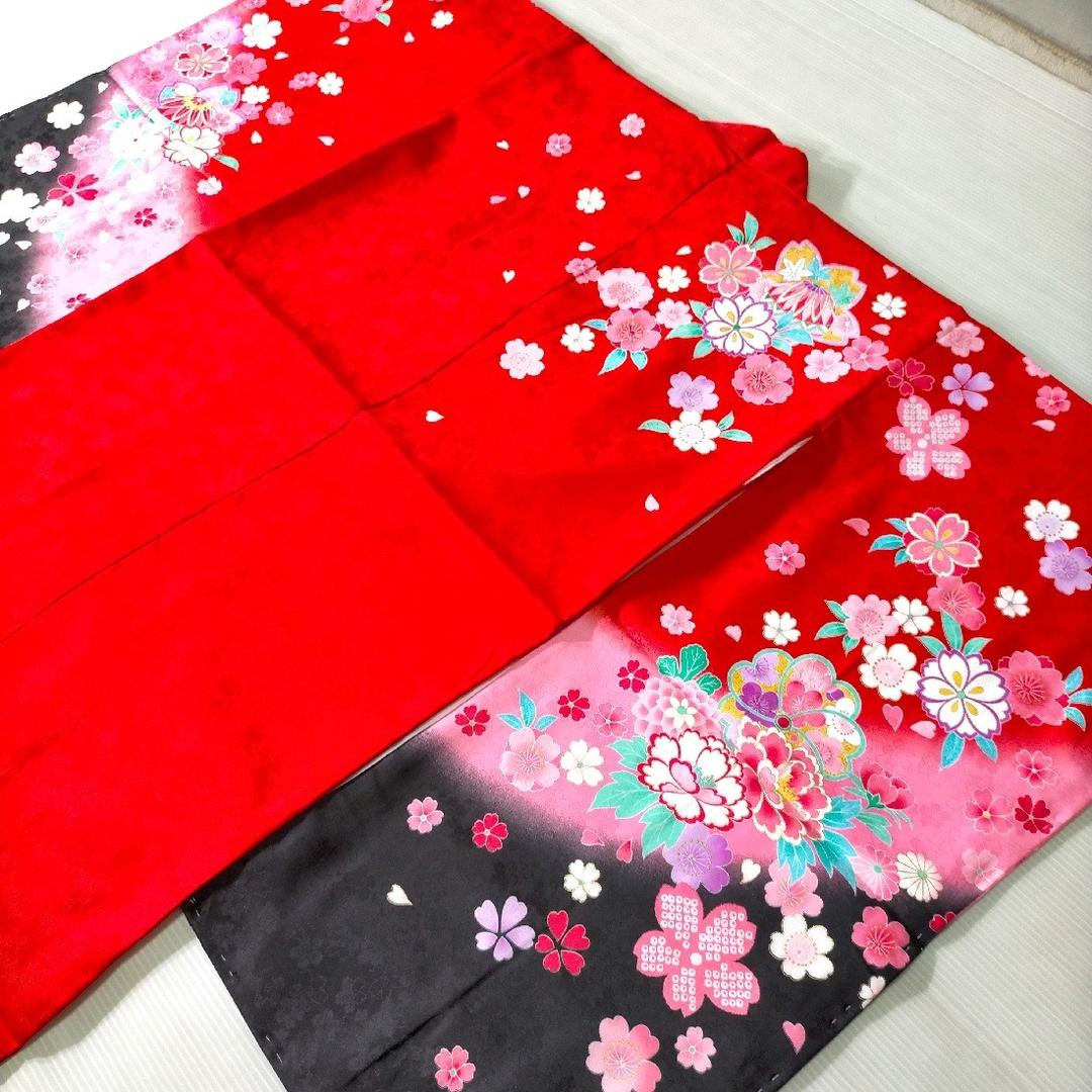 七五三 753 着物 七歳 四つ身着物 赤色地友禅柄 新品 k4125
