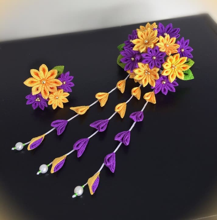 つまみ細工 華かんざし　《紫山吹》