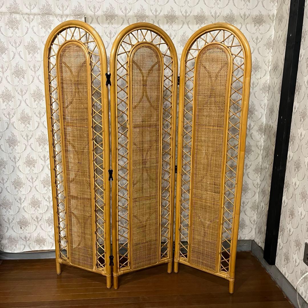 【アンティーク】籐 ラタン 3連パーテーション 間仕切り 衝立 目隠し古道具